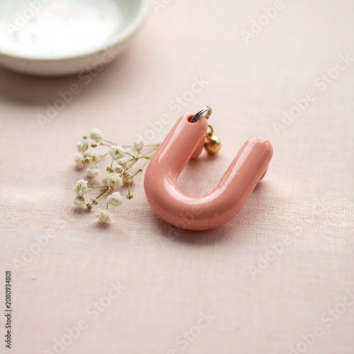Aesthetic Glossy Salmon Pink Initial Letter U Pendant with White Baby's Breath Flowers and Minimal Decor