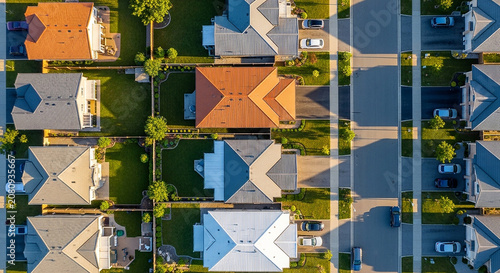 Suburban neighborhood with houses and yards in a grid layout from aerial view