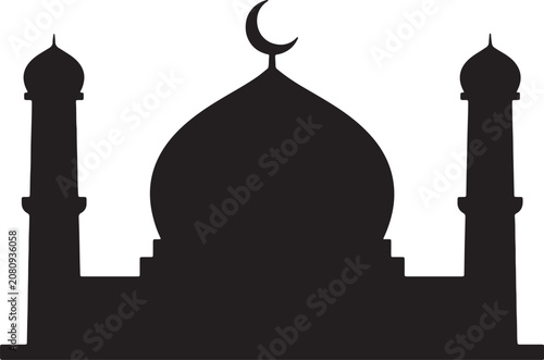 Slika na platnu Minimalist black mosque silhouette with crescent moon and twin minarets also tra