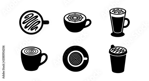 Cuadro en lienzo Coffee Cup Icons, Espresso Drinks, Hot Beverages, Cafe Collection, Black & White