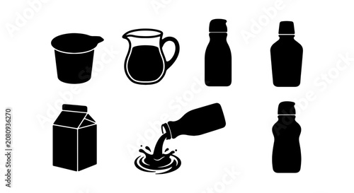 Dairy Product Icons: Milk Carton, Jug, Bottles, Creamer, Pouring Liquid, Beverage Packaging