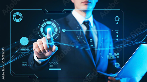 Professional Businessman Using Advanced Digital Interface Technology for Futuristic Data Analysis and Corporate Strategy Planning