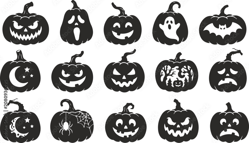 Obraz premium Halloween Pumpkin Silhouette Bundle with Spooky Jack O Lantern Icons, Vector Collection Isolated on White Background