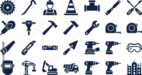 Foto Construction and Home Renovation Hardware Tool Icon Set for Carpentry, Industria
