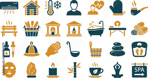 Spa Wellness and Russian Banya Sauna Icon Set with Relaxation Symbols for Luxury Health Resorts, Hot Bathhouses, and Self Care Product Marketing