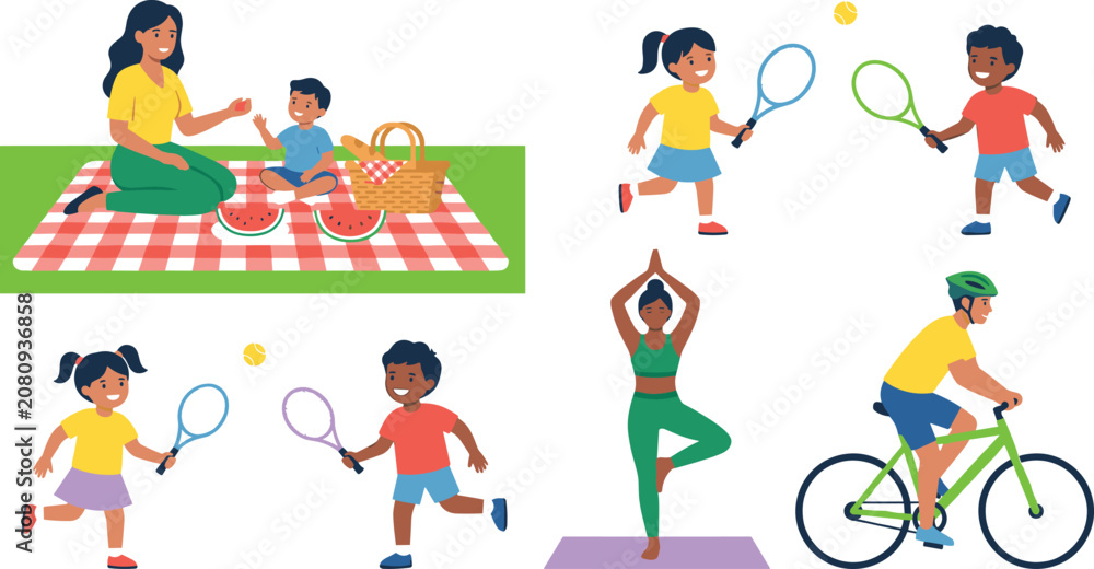 Fototapeta premium Active family summer recreation vector character set featuring outdoor picnic kids playing badminton yoga training and man riding bicycle graphics