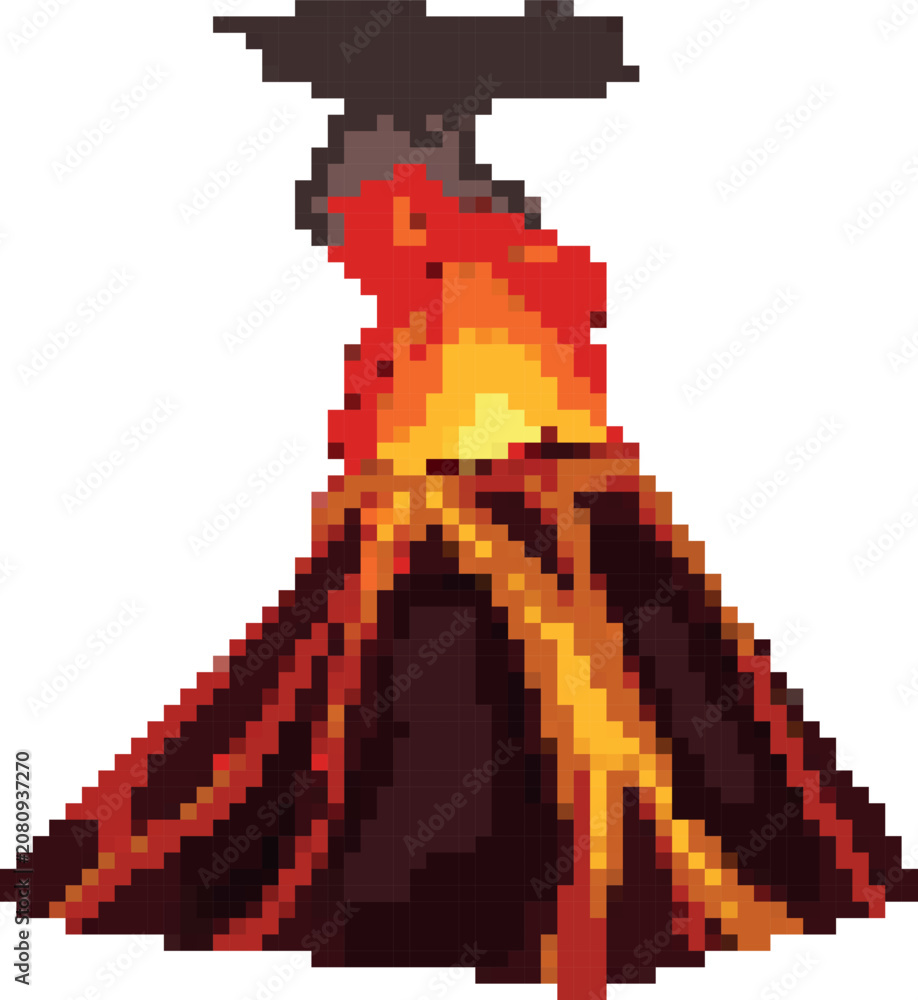 Fototapeta premium Volcano explosion with fire flame, smoke and lava flow vector pixel art, cartoon retro 8 bit videogame volcanic eruption