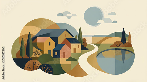 Rustic Village House by Serene Lakeside with Geometric Artistic Watercolor Style