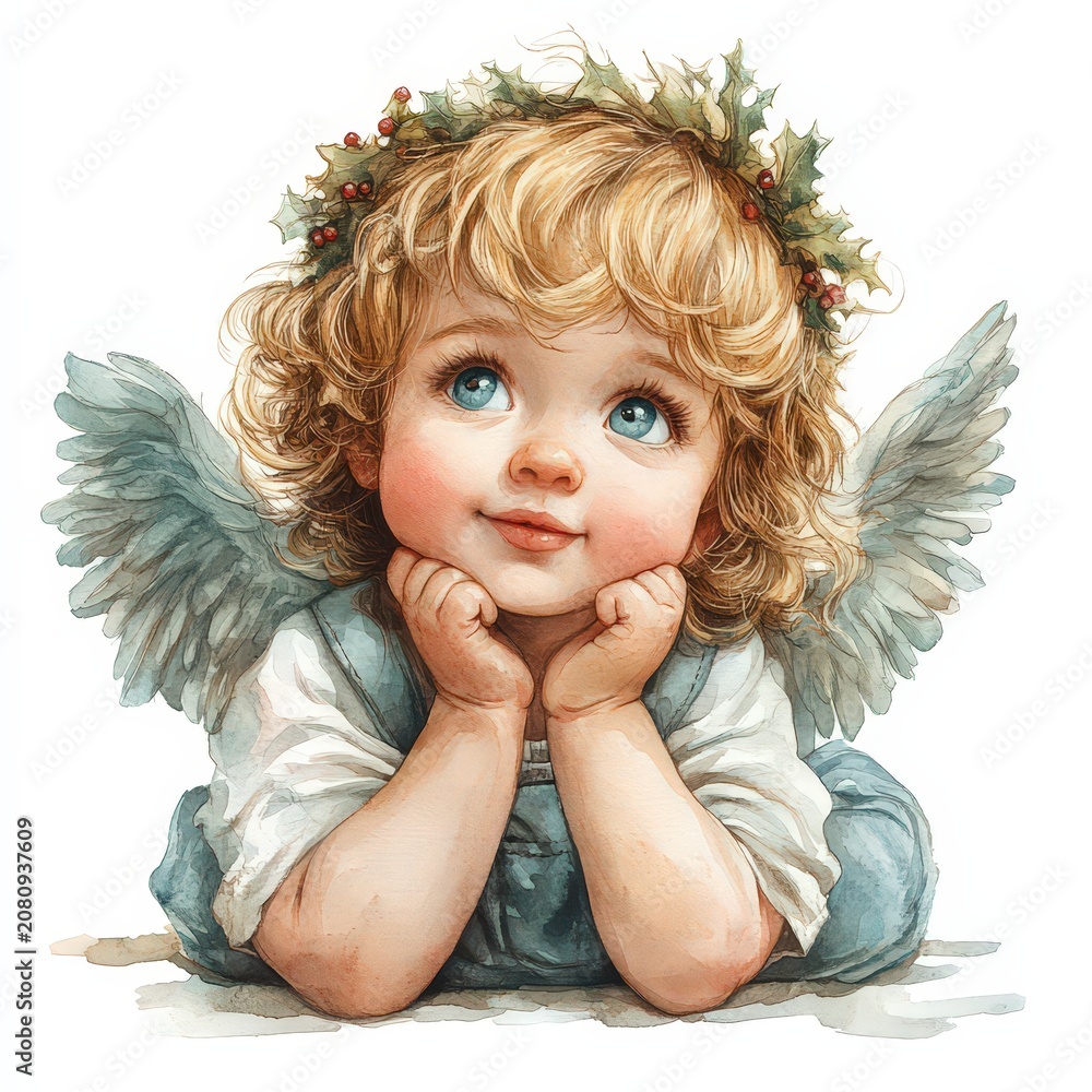 Obraz premium Christmas angel in watercolor style, clipart with feathered wings, watercolor illustration, muted colors, isolated on white background