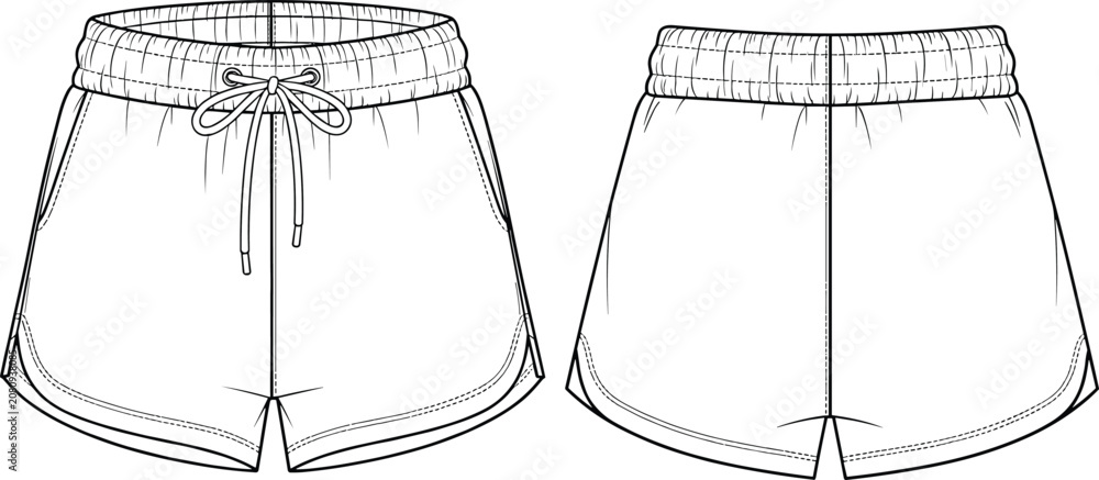 Φωτογραφία Fashion technical flat sketch of women's athletic dolphin shorts featuring an el
