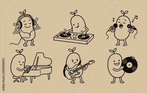 Canvastavla Performance artist bean character set showing dj deck singing piano and playing