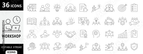 Business Strategy & Teamwork Line Icons Set , Skill development icon set, Leadership, Growth, Analytics, Target, Collaboration, Goal Achievement Outline Vector Collection
