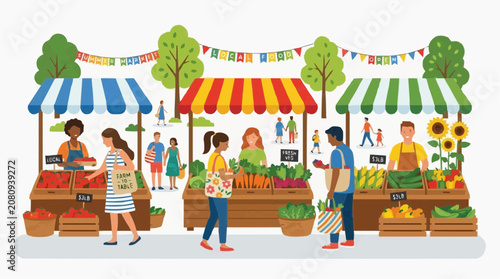 People Shopping at a Colorful Outdoor Farmers Market