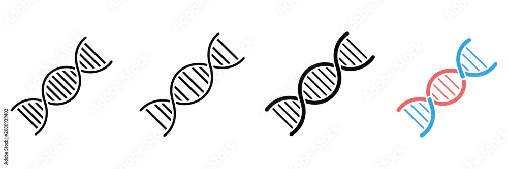 Fototapeta premium DNA Icons in Outline, Flat, and Colored Vector Styles for Genetics, Biotechnology, Laboratory, Biology, and Scientific Research Design