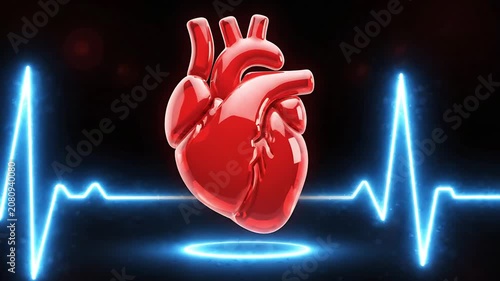 Glowing ecg heartbeat line with 3d human heart on black