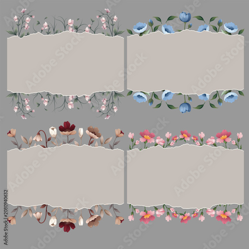 Elegant Floral Torn Paper Frame Set: Vintage Botanical Border Banners for Wedding Invitations, Greeting Cards, and Scrapbooking