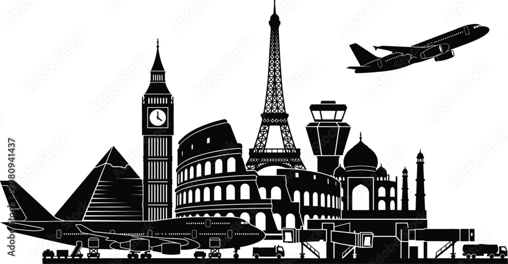 Naklejka premium Global Travel Landmarks and International Airport Skyline Silhouette Vector Illustration DesignGlobal Travel Landmarks and International Airport Skyline Silhouette Vector Illustration Design