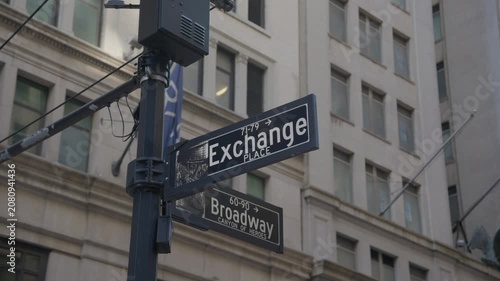 Street sign of intersection of Broadway and Exchange Place in the Financial District of Manhattan, New York City's urban landscape