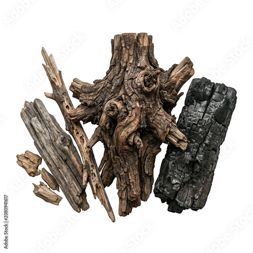 Intricate rustic tree roots and weathered wood fragments isolated on a transparent background