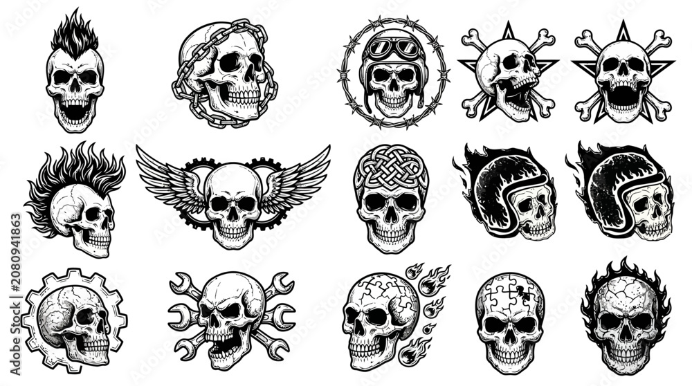 Fototapeta premium Collection of skulls with various designs.