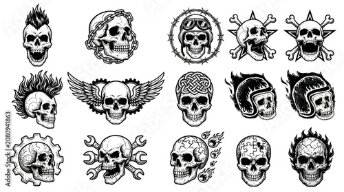 Photography Collection of skulls with various designs.