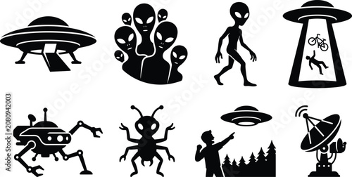 Canvastavla Alien and UFO black silhouette icon set featuring spaceships extraterrestrial cr