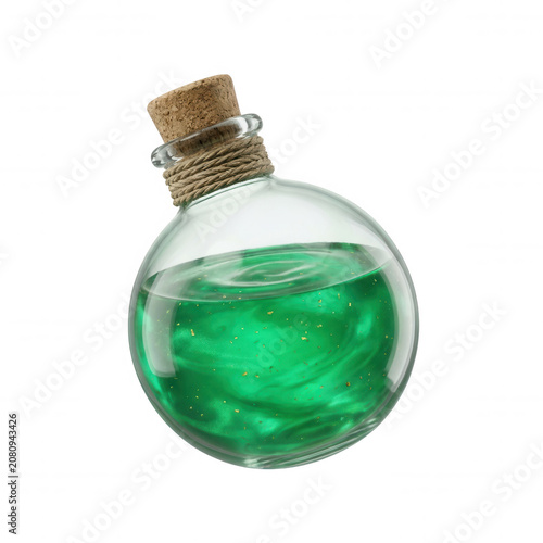 Translucent green glass potion bottle with cork stopper isolated on a transparent background