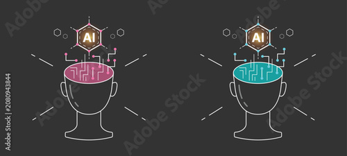 Human head outline with AI icon and digital network, line art set