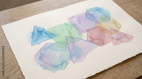 Abstract Geometric Watercolor Painting Featuring Overlapping Translucent Multicolored Shapes on Textured Paper