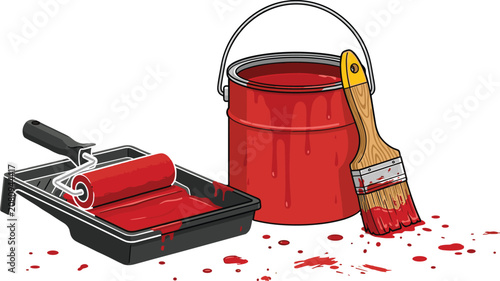 Red paint bucket with brush and roller in tray vector illustration for home renovation decorating