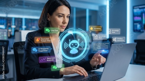 Businesswoman working with AI chatbot interface on laptop in modern office