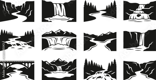 Fotografie Collection of black and white illustrations depicting powerful waterfalls flowing through rugged canyons lush forests and serene mountain landscapes for nature designs