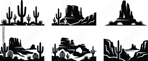 Tableau sur toile Desert landscape silhouettes featuring iconic saguaro cacti and dramatic rock formations under vast skies creating arid scenery for western themes and backgrounds