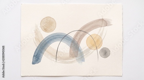 Abstract watercolor painting of geometric shapes and arches on textured paper