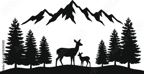 Sticker Deer family in mountain and forest landscape in black silhouette for nature outdoor wild animals and scenic view