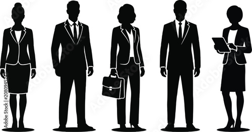 Obraz na plátne Set of black silhouettes of business people, men and women in various poses, professional office workers standing
