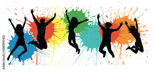 Obraz na płótnie Silhouettes of five joyful people jumping in the air against a vibrant backdrop of colorful paint splatters