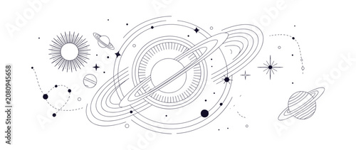 Slika na platnu A stylized illustration depicting a solar system with planets, stars, and celest