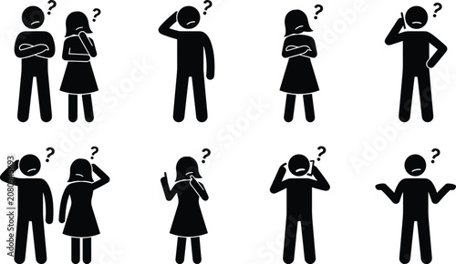Foto Set of black stick figure showing people in various poses of confusion, question