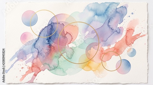 Pastel abstract watercolor painting with gold geometric circles on textured deckled edge paper background