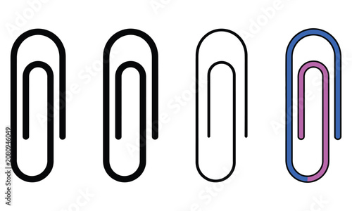 Paper clip icon set, office stationery, document attachment sign. Solid, Outline and Color styles

