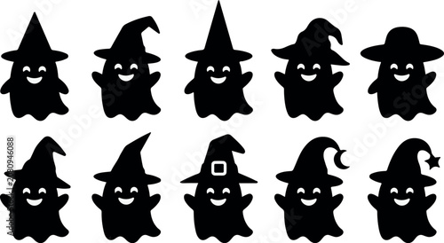 Cute smiling ghosts wearing different styles of witch hats silhouettes. Creative set of festive Halloween phantoms with unique wizard headwear for graphic elements.