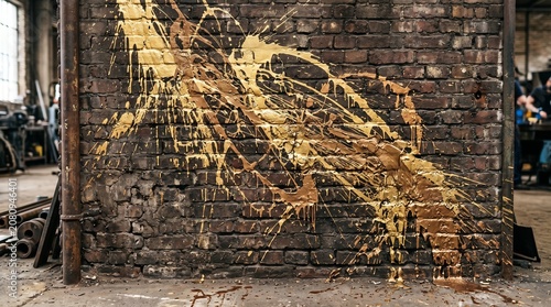 Vibrant golden yellow paint dramatically splattered across a rough, textured brick wall in an abandoned industrial building, creating an abstract urban art piece