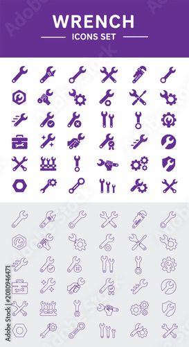 Wrench set, flat color spanner tools flat purple background