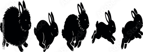 Tableau sur toile Fluffy Angora Rabbit Silhouette Set with Cute Fluffy Bunny Icons in Various Runn