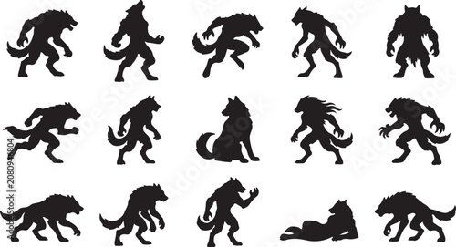 Set of werewolf silhouettes illustrating powerful mythical creatures for spooky art.