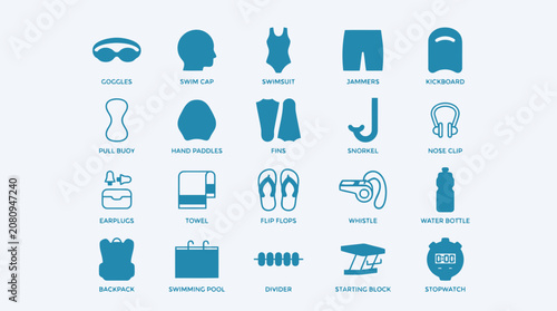 Foto Swimming equipment and pool accessories icon set for competitive and recreational swimmers