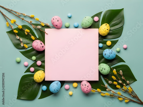 Pastel Easter Frame With Colorful Eggs Tropical Leaves and Copy Space