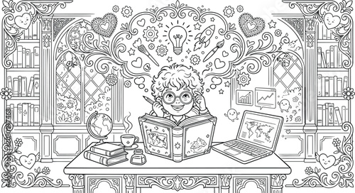 Detailed line art vector illustration of a creative boy studying at desk imagining ideas in vintage library.