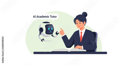 Professional woman studying with small AI academic robot.